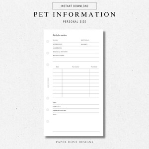 Pet Information | Printable Planner Insert | PERSONAL | Weekly Agenda, Instant Download, Personal Planner Insert, Digital Insert
