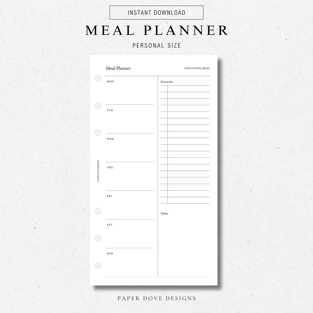 Meal Planner Printable Planner Insert PERSONAL Weekly Agenda, Instant ...