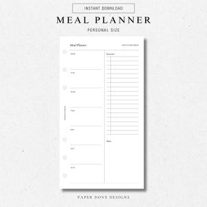 Meal Planner | Printable Planner Insert | PERSONAL | Weekly Agenda, Instant Download, Personal Planner Insert, Digital Insert