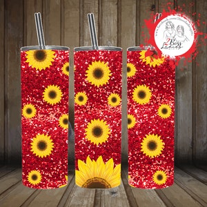 Red Glitter with Sunflowers Design 20 oz tumbler -straight