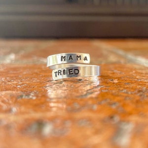 Skinny Metal Stamped Mama Tried Western Ring, Silver Ring, Wrap Ring, Punchy, Rodeo Jewelry, Boho Ring, Country Song Ring, Western Jewelry