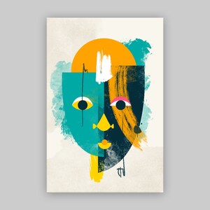 Colorful Abstract Paint Stroke Mask Teal Yellow Bold Pop Art Giclee Canvas