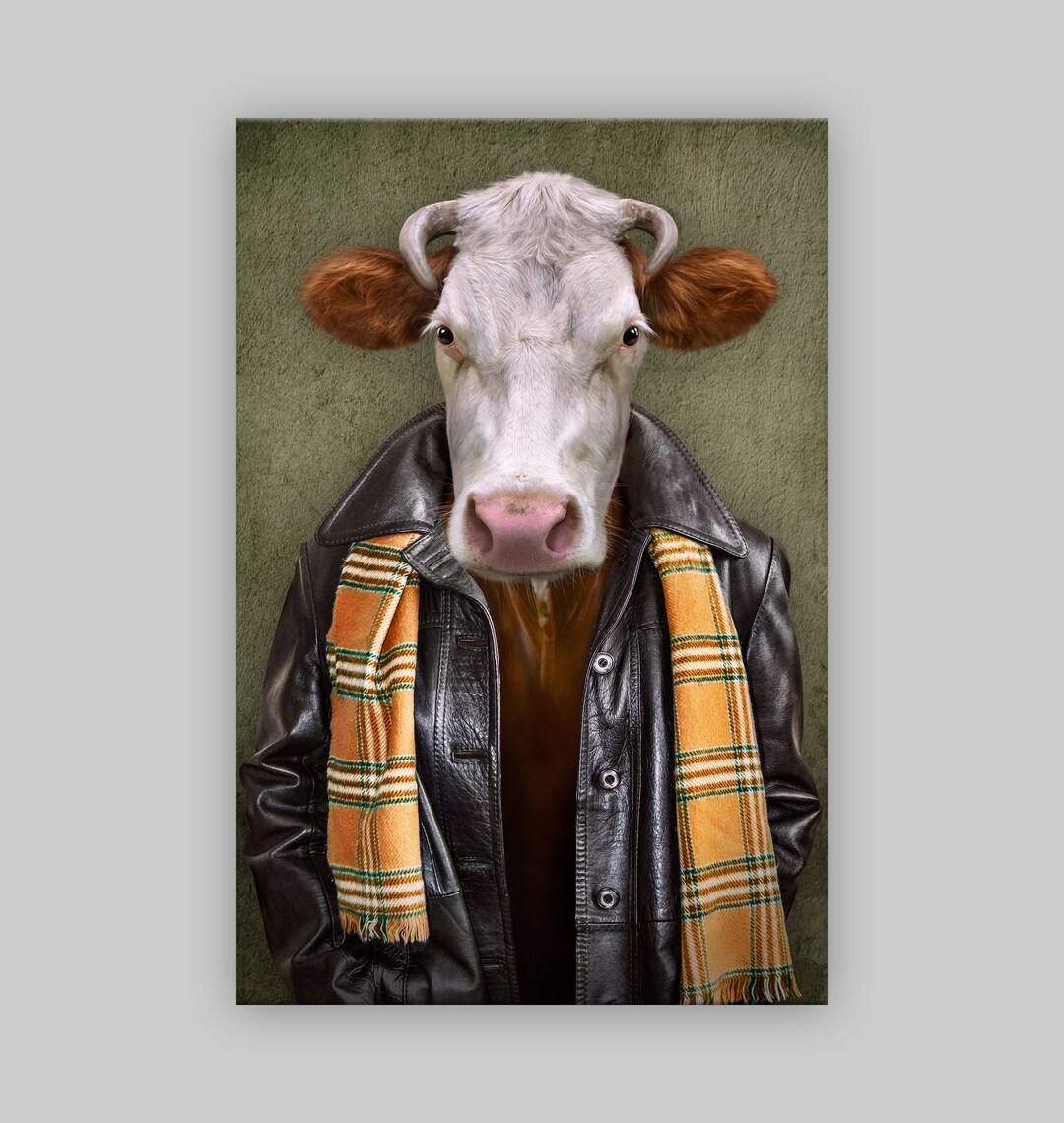 Cow Head Man Funky Aristocrat Leather Jacket Yellow Shawl Pop Art