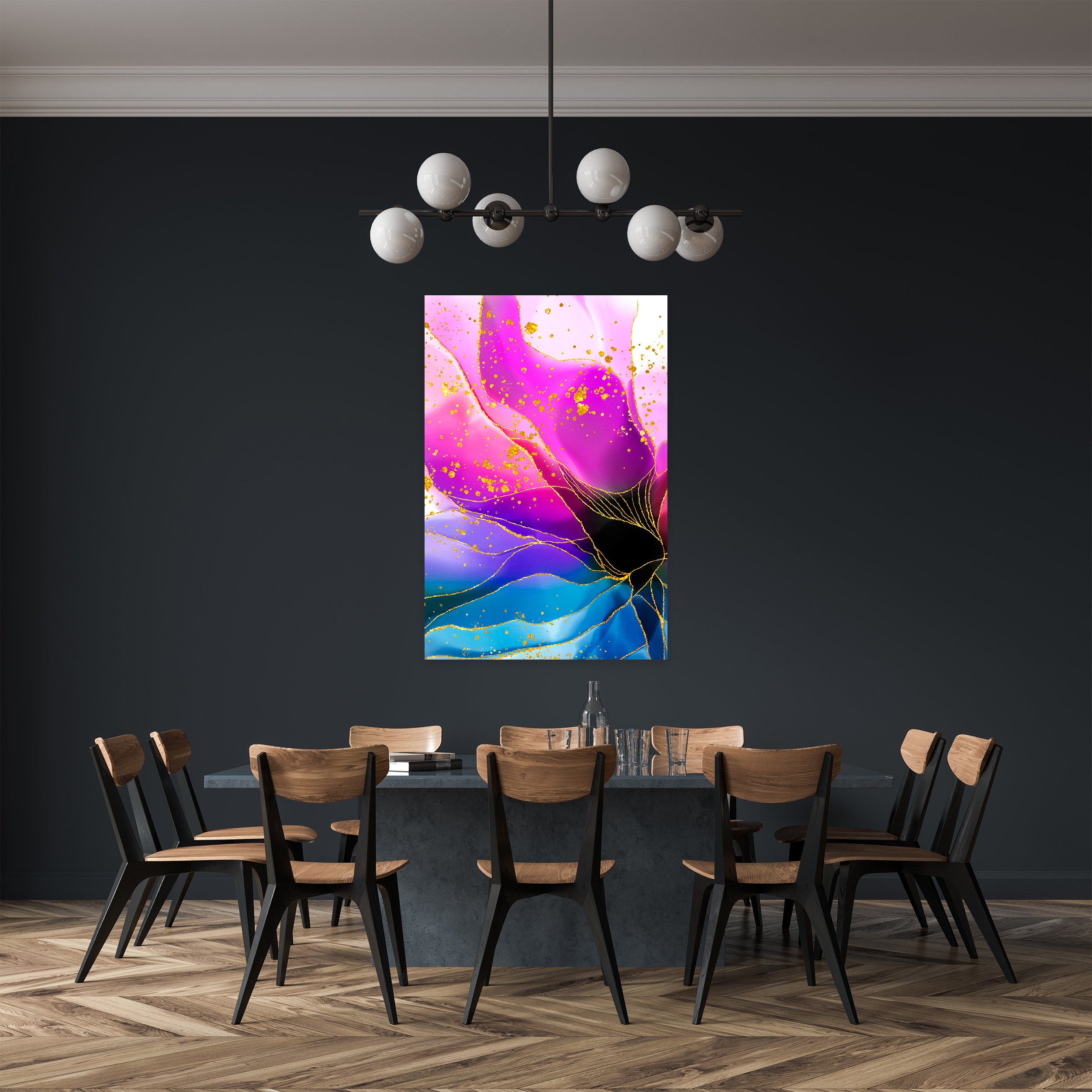 High End Abstract Flower Magenta Pink Gold Accent Stroke Navy Alcohol Paint  Effect Giclee Canvas Pop Art Wall Decor 
