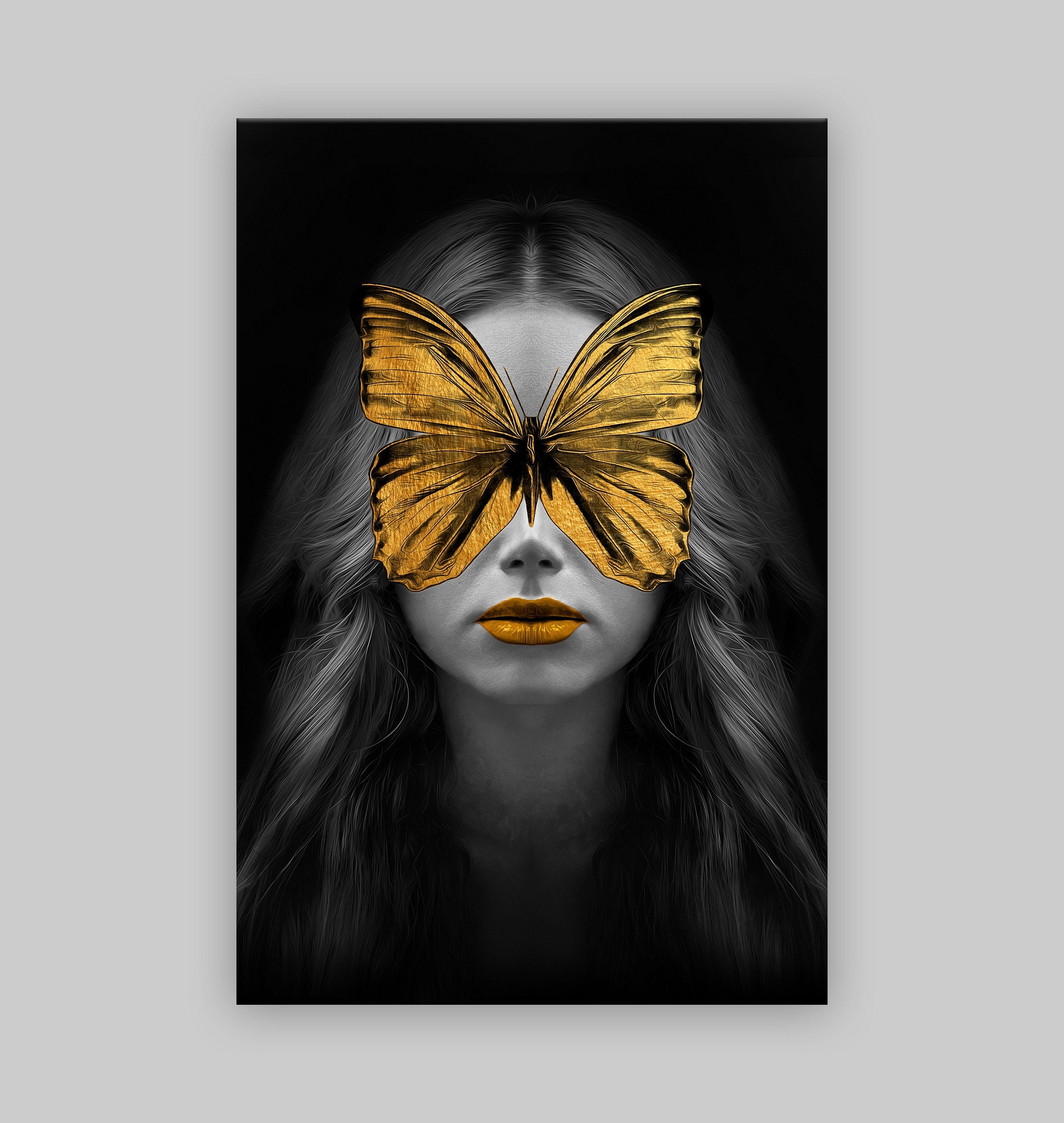 Girl and Golden Butterfly Canvas Art, Lady with Monarch Butterfly Wall Art, Butterfly For Eyes Contemporary Canvas Print, Gift For Her