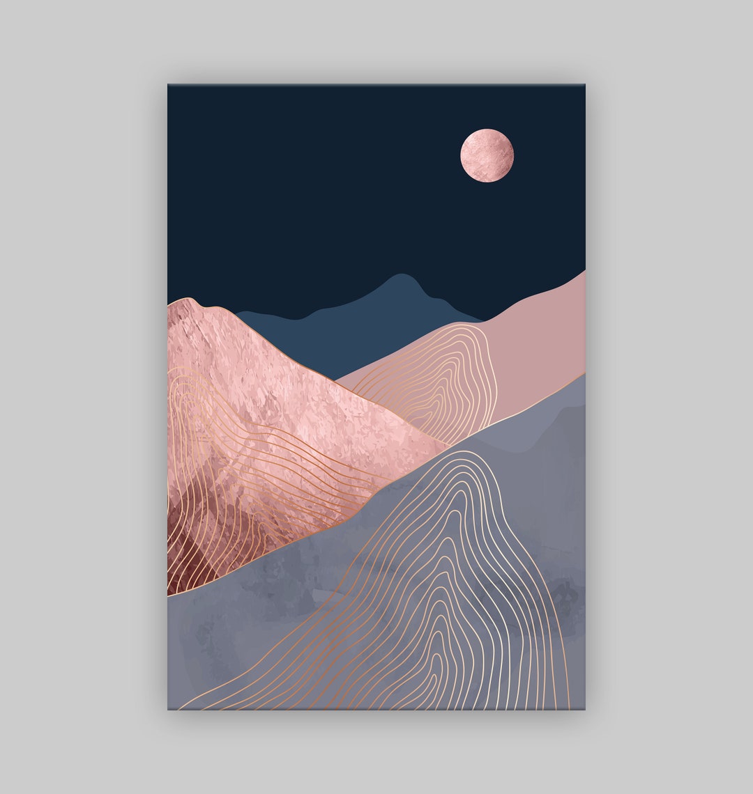 Mountains and Moon Canvas Art: Pastel Pink Navy Minimalist Decor - Etsy
