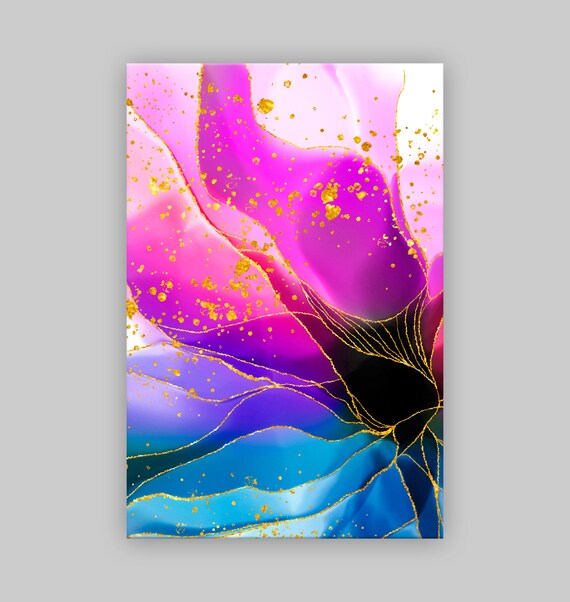 High End Abstract Flower Magenta Pink Gold Accent Stroke Navy Alcohol Paint  Effect Giclee Canvas Pop Art Wall Decor 