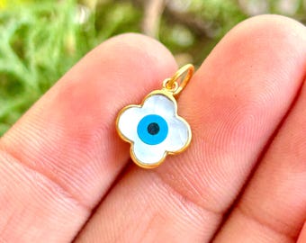 Evil Eye Flower Charm 8mm, Blue Eye Pendant, Protection Amulet, 925 Silver, 14K & 18K Solid Gold, Dainty Good Luck Jewelry