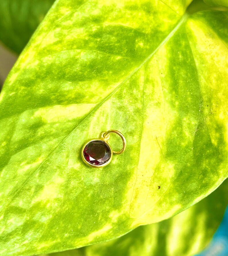 May include: A small, round pendant with a deep red gemstone set in a gold-colored metal. The pendant is displayed on a vibrant green leaf with yellow highlights, creating a striking contrast. The pendant has a small loop for a chain.