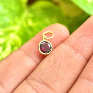 May include: A small, round pendant with a deep red gemstone set in a gold-colored bezel. The pendant has a loop at the top for attaching to a chain. The background is a blurred green.