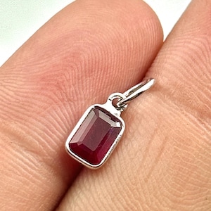 925 Sterling Silver Natural Ruby Charm | Treated Red Gem Pendant | July Birthstone | Emerald Cut Design | 14K/18K Gold Option