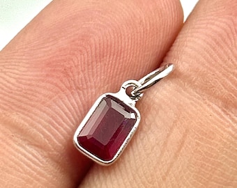Sterling Silver Natural Ruby Charm: Emerald Cut July Birthstone
