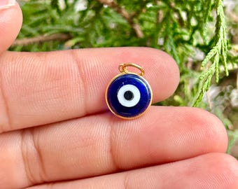 Blue Evil Eye Pendant | 8mm Round | 18K 14K Gold Silver Bezel Charm | Protective Amulet Necklace