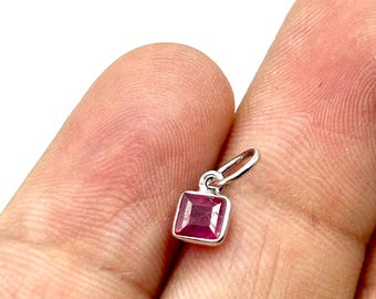 Sterling Silver Natural Ruby Charm: Square Cut July Birthstone