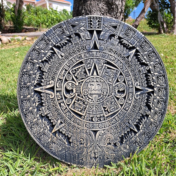 Calendrier maya 40 cm | 45 cm à 91 cm aztèque, noir, bois sculpté en 3D, art mythologique, art mural, soleil aztèque