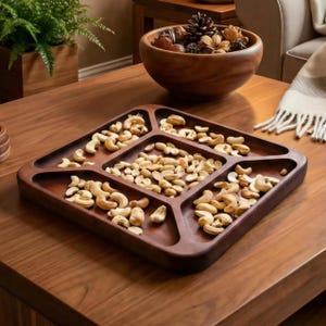 Peut inclure: Un plateau de service en bois brun foncé avec six compartiments remplis de noix de cajou. Un bol en bois rempli de pommes de pin et d'objets décoratifs est en arrière-plan. Le plateau est sur une table en bois.
