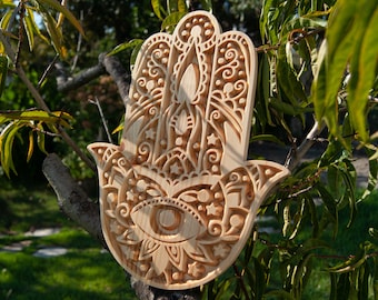 Fatimas Hand Wood Carved, Hamsa, Peace, Protection, Evil Eye, Turkish eye, Home decor, Wood,