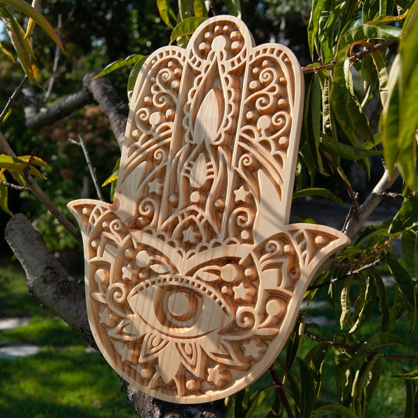 Fatimas Hand Wood Sculpté, Hamsa, Paix, Protection, Mauvais Oeil, Oeil turc, Décoration intérieure, Bois,