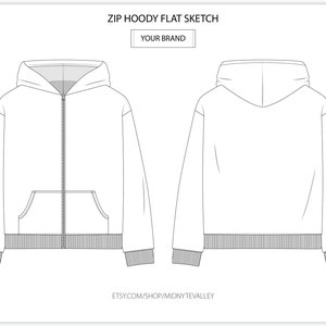 K&ouml;nnte beinhalten: Eine flache Skizze eines Rei&szlig;verschluss-Hoodies mit einer K&auml;ngurutasche. Der Hoodie hat eine Kapuze mit Kordelzug und lange &Auml;rmel. Der Text "YOUR BRAND" ist oben auf der Skizze gedruckt.