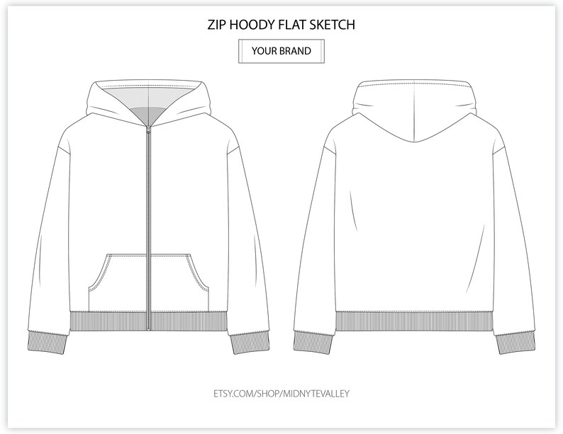 K&ouml;nnte beinhalten: Eine flache Skizze eines Rei&szlig;verschluss-Hoodies mit einer K&auml;ngurutasche. Der Hoodie hat eine Kapuze mit Kordelzug und lange &Auml;rmel. Der Text "YOUR BRAND" ist oben auf der Skizze gedruckt.