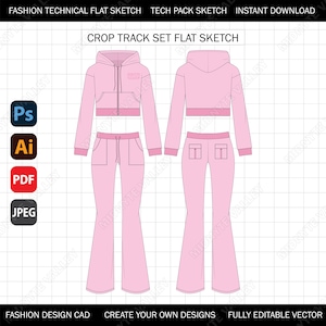 Y2K トラックスーツ セット クロップ フレア パンツ モックアップ ファッション デザイン テック パック テクニカル フラット スケッチ CAD Ai 編集可能ベクター テンプレート