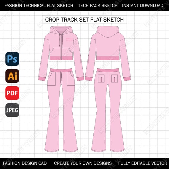 Y2K Track Suit Set Flat Technical Sketch: Fashion Design Tech Pack 