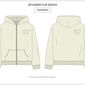 Hoodie Zip Up Kangaroo Pocket Mock Up for Fashion Design Tech Pack Technical Flat Sketch CAD Ai Editable Vector Template