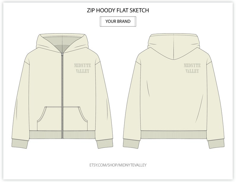 K&ouml;nnte beinhalten: Eine flache Skizze eines hellgr&uuml;nen Kapuzenpullovers mit Rei&szlig;verschluss, einer K&auml;ngurutasche und einer Kapuze. Der Hoodie hat den Text "MIDNYTE VALLEY" auf der Vorderseite.