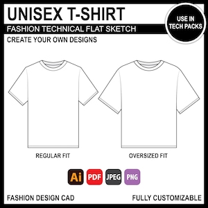 T-Shirt Oversized Streetwear Unisex Mock Up for Fashion Design Tech Pack Technical Flat Sketch CAD Ai Editable Vector Template
