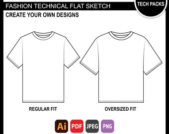 T-Shirt Oversized Streetwear Unisex Mock Up for Fashion Design Tech Pack Technical Flat Sketch CAD Ai Editable Vector Template