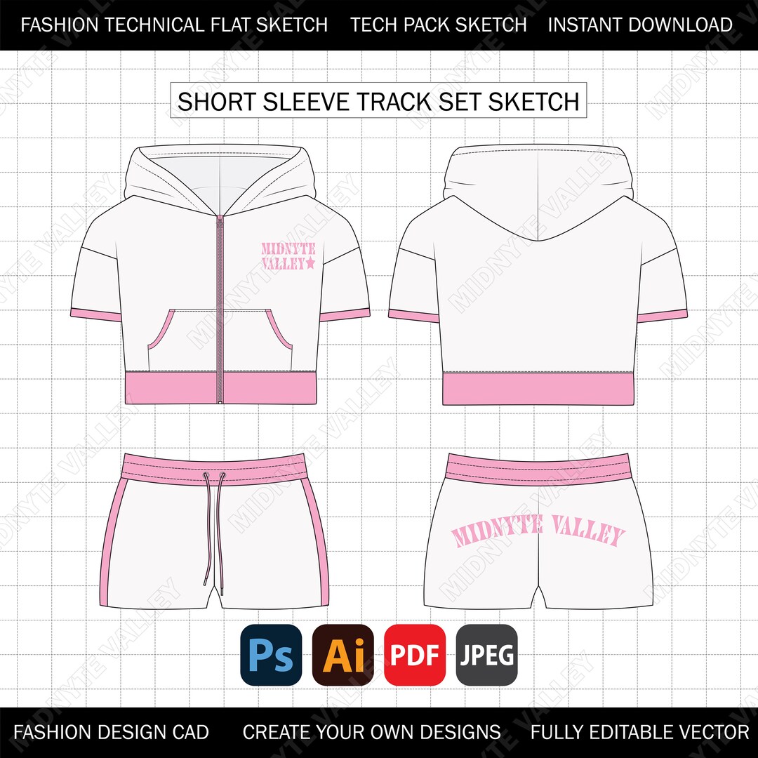 Y2K Crop Track Set Mockup: Fashion Design Tech Pack (AI, PDF, JPEG