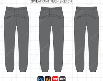 Sweatpants Fashion Flat Sketch: Tech Pack Editable Vector Template (AI, PDF, JPEG)
