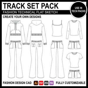 May include: A black and white fashion technical flat sketch of a track set pack. The image shows sketches of various track set combinations, including hoodies, pants, tank tops, long-sleeved shirts, and shorts. Text includes "TRACK SET PACK" and "CREATE YOUR OWN DESIGNS".