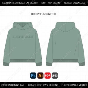 Hoodie Mock Up for Fashion Design Tech Pack Technical Flat Sketch CAD Ai Editable Vector Template