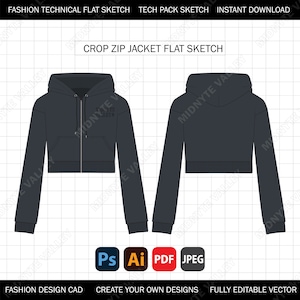 May include: A technical flat sketch of a cropped zip-up hoodie with long sleeves. The hoodie is dark blue and has a hood with a drawstring. The front of the hoodie has a zipper closure and a kangaroo pocket. The text "MIDNYTE VALLEY" is printed on the front of the hoodie.