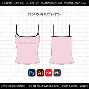 May include: A technical flat sketch of a crop cami with thin straps and a black trim. The cami is pink and has the text "MIDNYTE VALLEY" printed on the front.