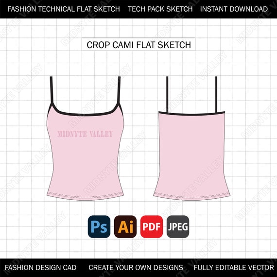 Cami Tank Top Flat Sketch: Fashion Design Tech Pack (AI, PDF, JPEG