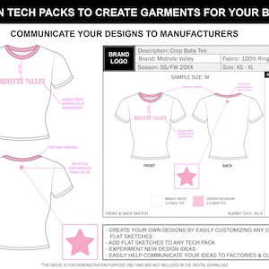 May include: A tech pack template for a crop baby tee with a pink and white color scheme. The front and back views of the tee are shown, along with details like the fabric, size, and additional options. The text "Midnyte Valley" is printed on the front of the tee.
