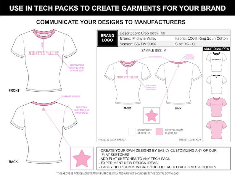 May include: A tech pack template for a crop baby tee with a pink and white color scheme. The front and back views of the tee are shown, along with details like the fabric, size, and additional options. The text "Midnyte Valley" is printed on the front of the tee.