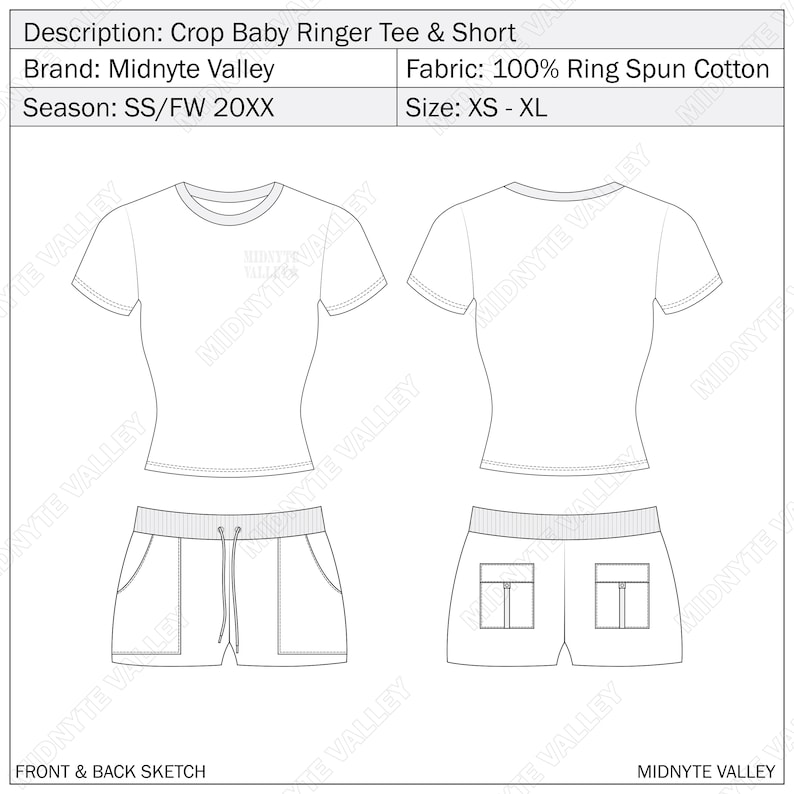 Y2K Crop Baby Ringer Tee Short Set Mock up for Fashion Design Tech Pack ...