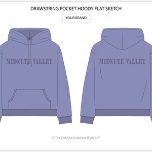 May include: A flat sketch of a purple hoodie with a front pocket and a drawstring. The hoodie has the text "MIDNYTTE VALLEY" printed on the front and back.