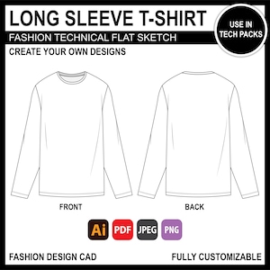Long Sleeve T-Shirt Oversized Streetwear Unisex Mock Up for Fashion Design Tech Pack Technical Flat Sketch CAD Ai Editable Vector Template