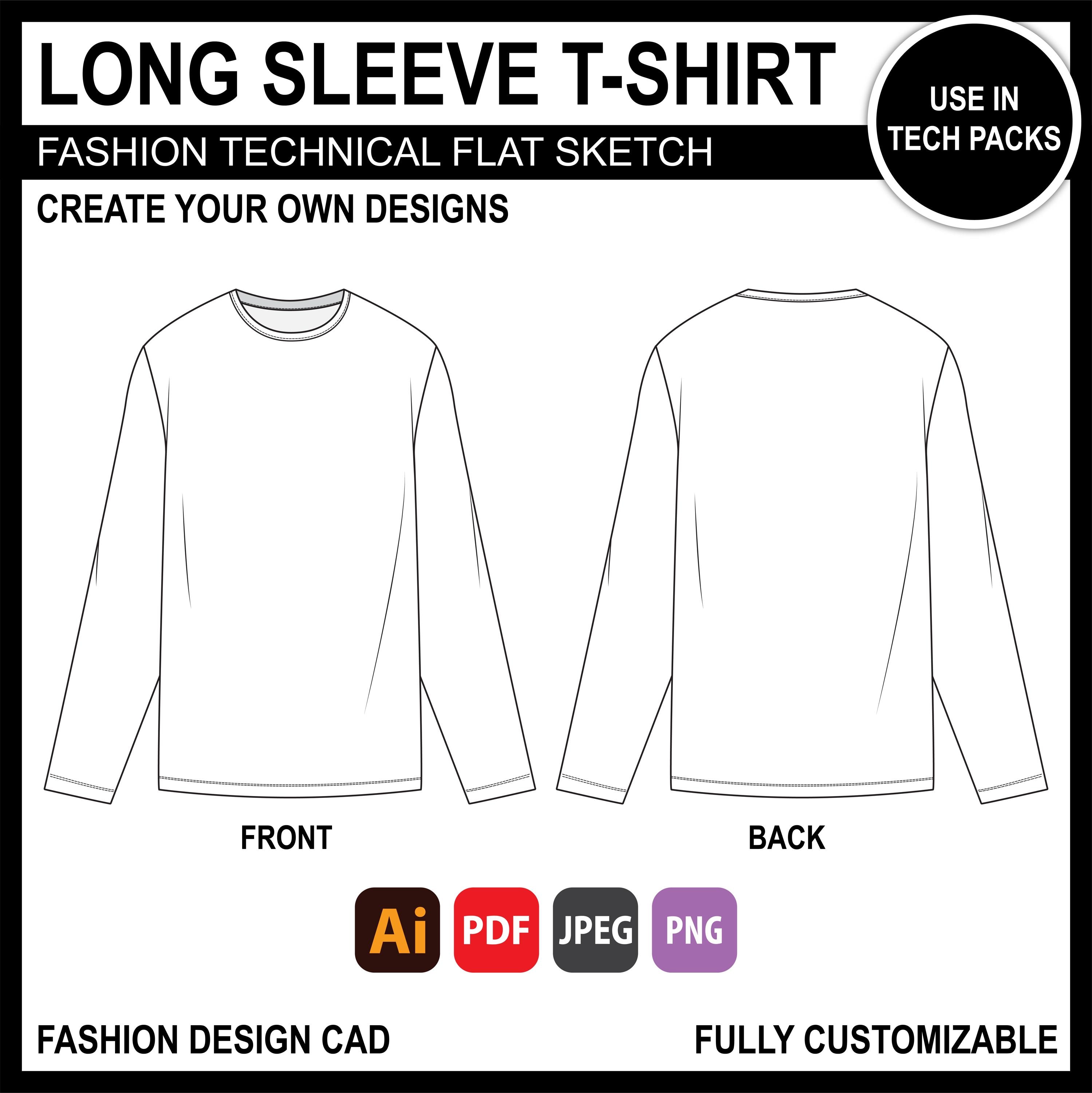 Oversized Long Sleeve T-shirt Mockup: Fashion Design Tech Pack (ai