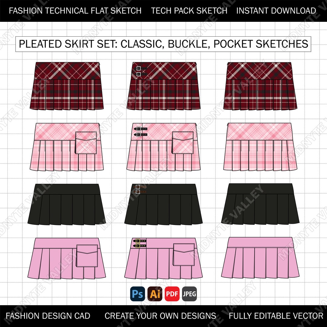Y2K Pleated Plaid Skirt Flat Sketch: Cargo Buckle Design (AI, PDF