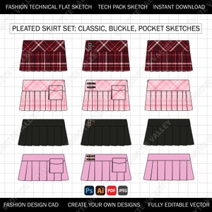 May include: A technical flat sketch illustration of nine different pleated skirt designs. The skirts are shown in various colours and patterns, including red, black, pink, and plaid. The sketches include classic, buckle, and pocket details.