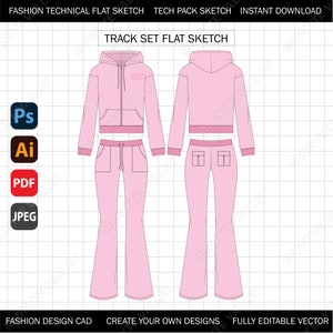 Op de afbeelding: Een platte schets van een roze trainingspak met een hoodie en broek. De hoodie heeft een rits en een trekkoord. De broek heeft zakken en een trekkoord. De tekst "MILYTE VALLEY" is op de hoodie gedrukt.