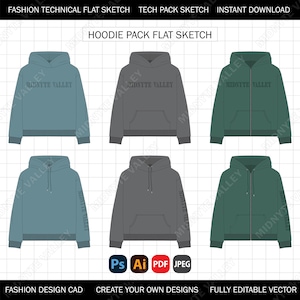 Hoodie Zip Up Pocket Set Mock Up for Fashion Design Tech Pack Technical Flat Sketch CAD Ai Editable Vector Template
