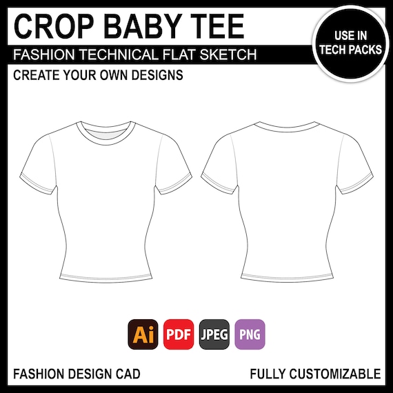 Baby Tee Mock Up for Fashion Design Tech Pack Technical Flat Sketch CAD Ai Editable Vector Template