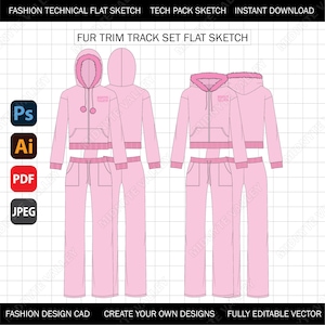 Fur Y2K Track Set Digital Flat Sketches for Fashion Design | Fashion Tech Pack Illustrations | Clothing Design Templates | Instant Download