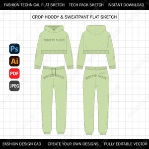 May include: A flat sketch of a green crop hoodie and sweatpants set. The hoodie has a drawstring hood and long sleeves. The sweatpants have a drawstring waistband and cuffed legs. Both pieces feature the text "MIDNYTE VALLEY" printed on them.